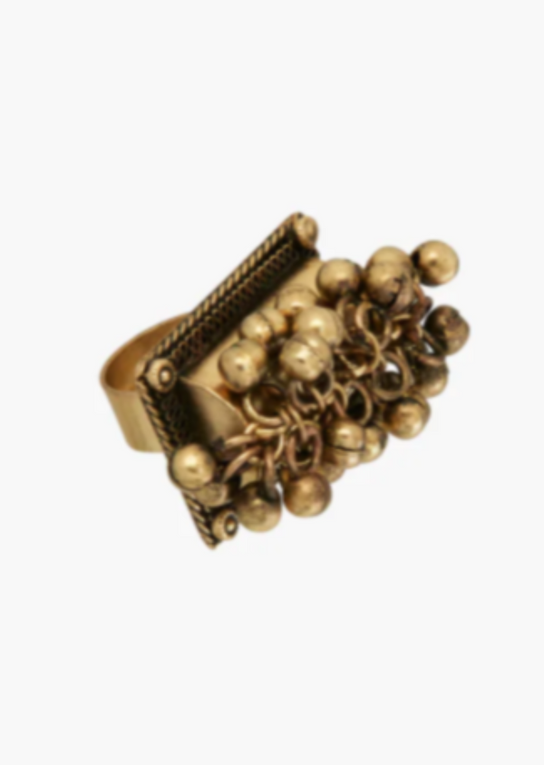 ZARA antique gold square statement ring w/ multi ball detail, NS