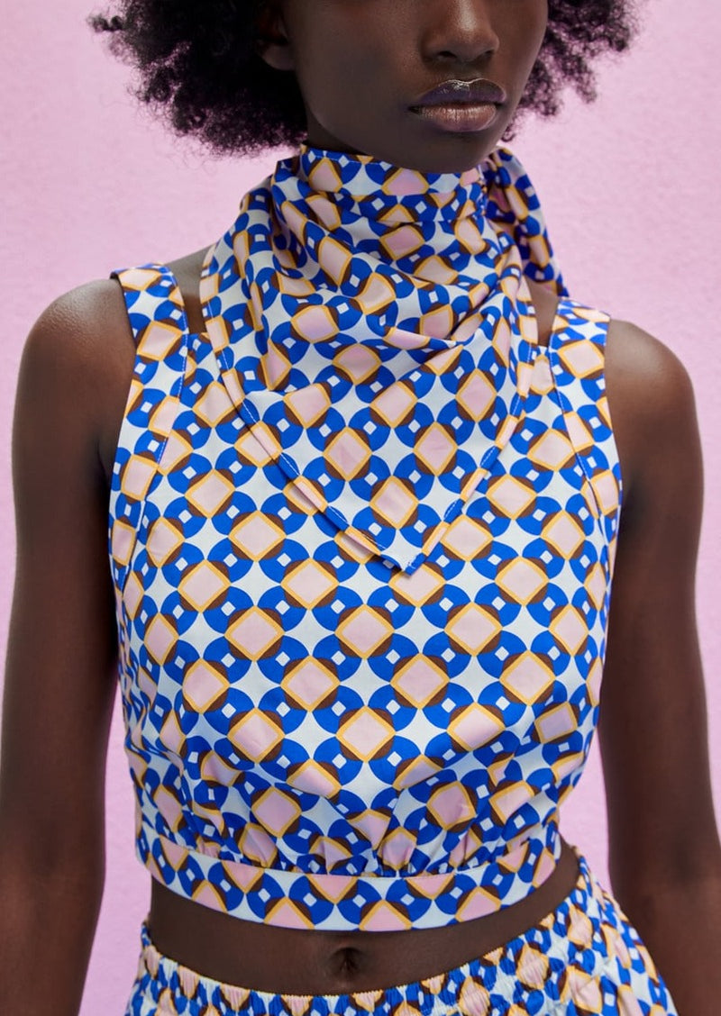 ZARA Women's geometric print halter top w/ wide straps back strap closure & matching scarf, M