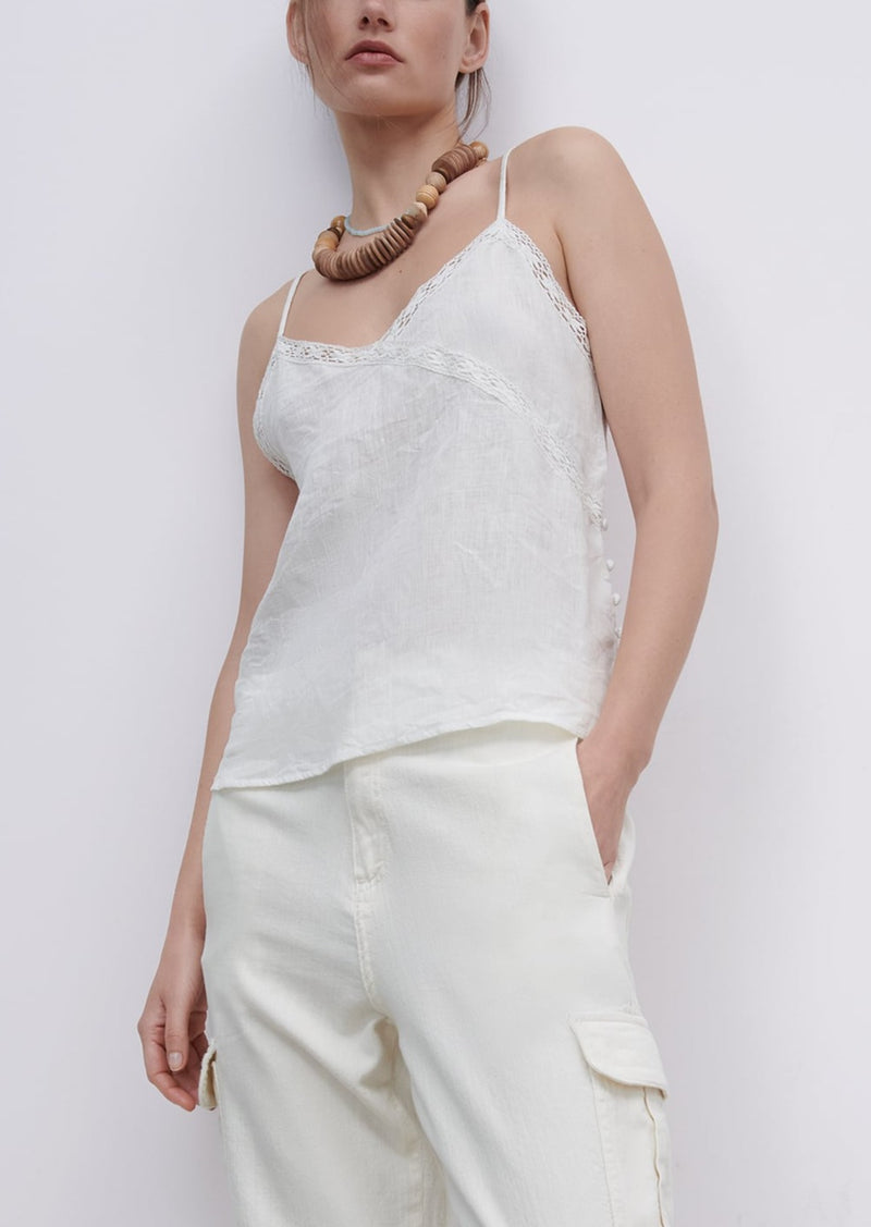 Zara Women's off white linen lace trim v-neck camisole w/ side button detail spaghetti straps, S