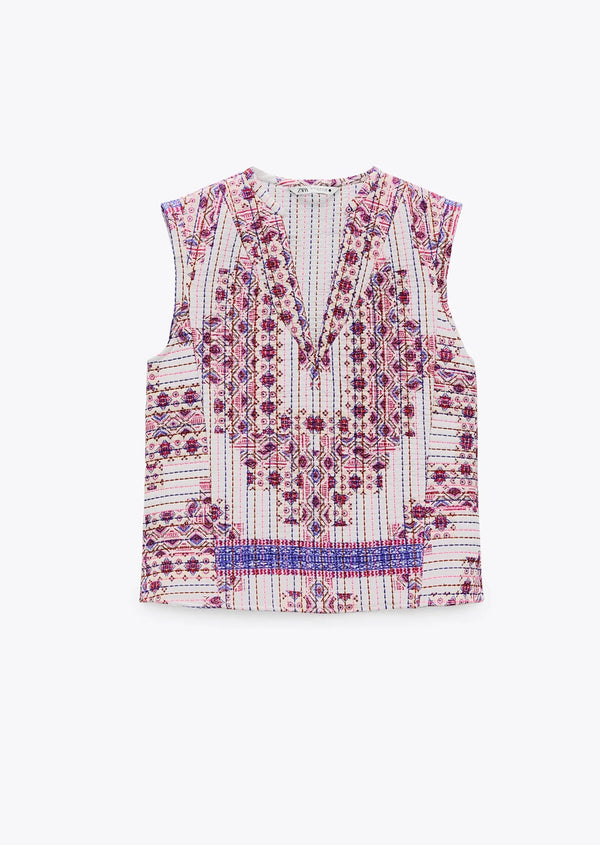 ZARA Women's pink/white/purple printed quilted v-neck vest, M