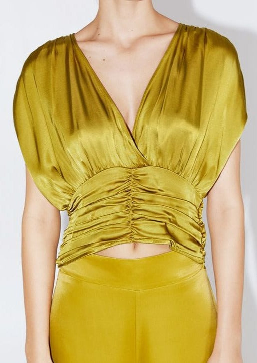 ZARA Women's greenish gold satin sleeveless ruched v-neck top, S