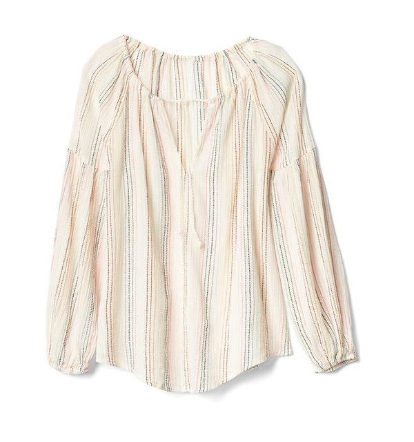 GAP Women's cream cotton stripe split-neck peasant blouse, M