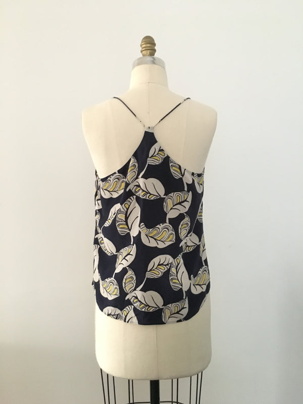 J CREW Women's navy/cream/yellow leaf print silk cami, 6