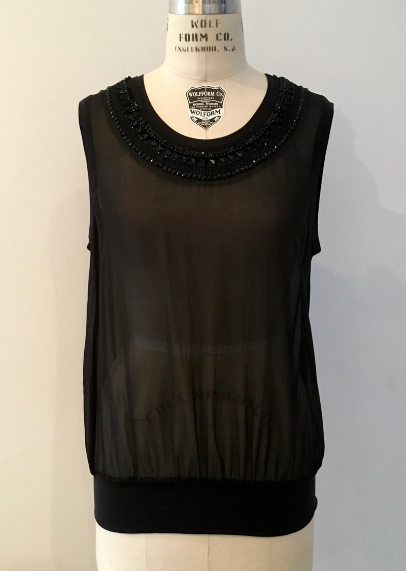 DKNY Women's black silk chiffon sleeveless top w/ beaded yoke, M