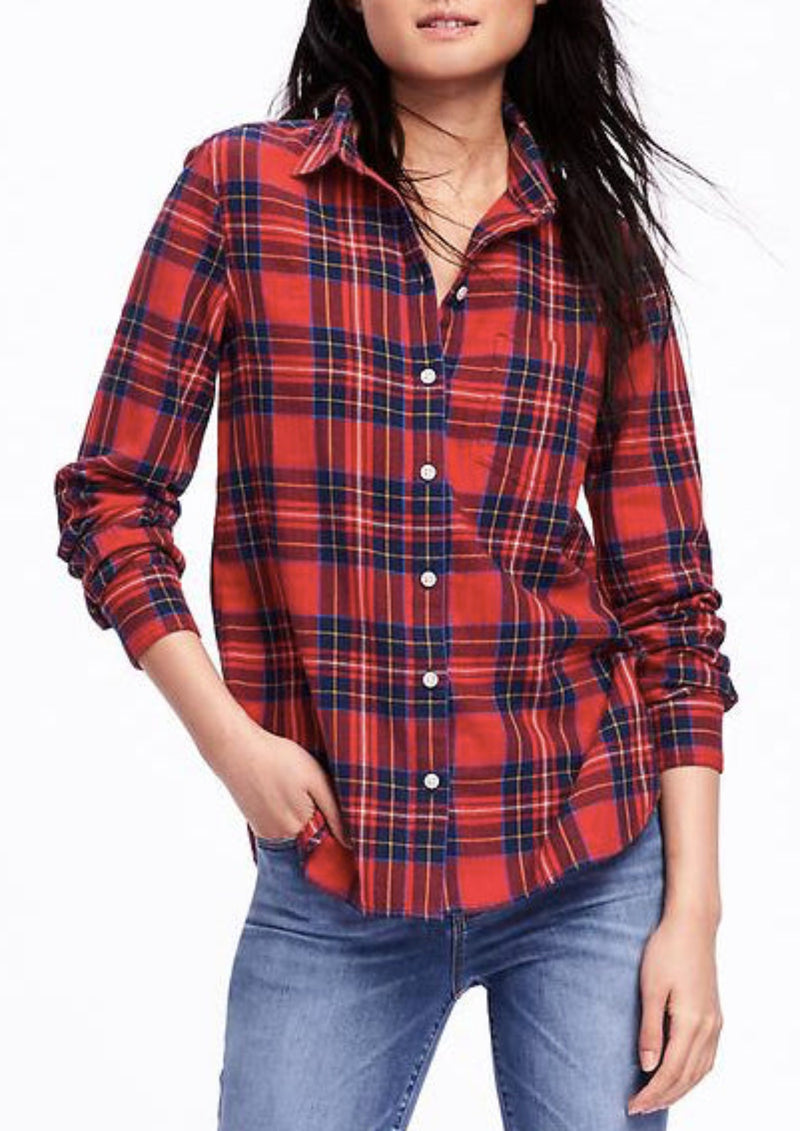 OLD NAVY Women's classic red/navy/yellow plaid button up flannel shirt, S