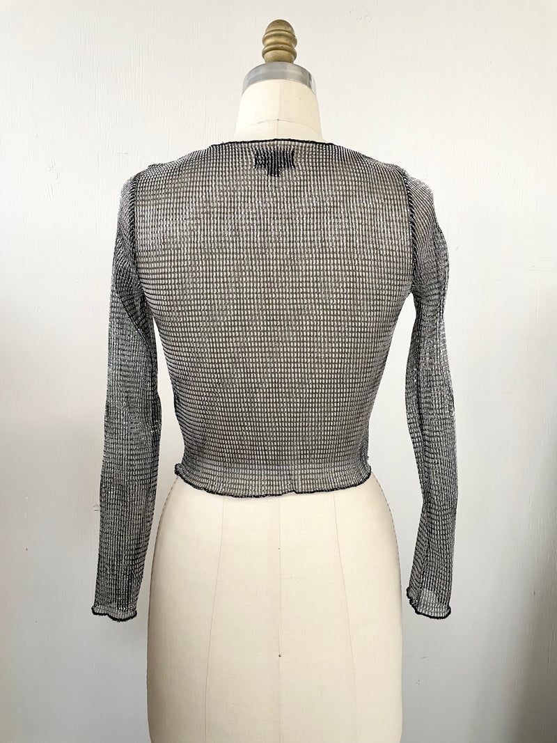 TOPSHOP women's silver metallic stretch mesh long sleeve crewneck top, 2