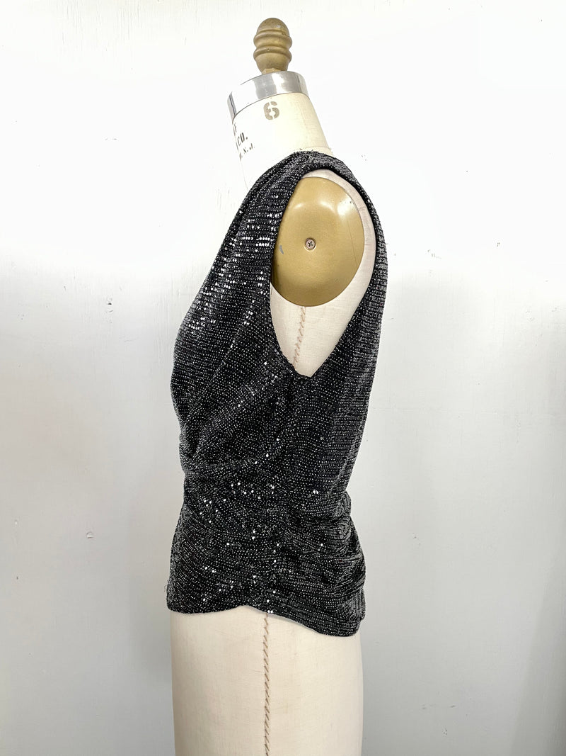 ZARA W top black mini sequin sleeveless pleated v-neck, S