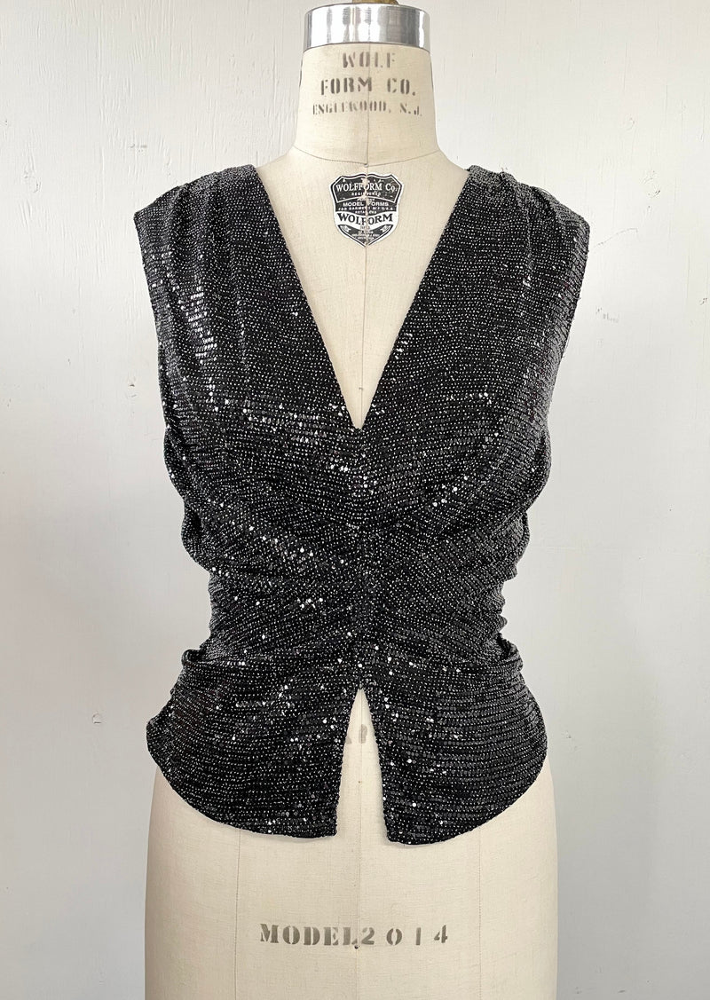 ZARA W top black mini sequin sleeveless pleated v-neck, S