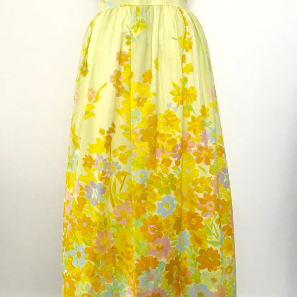 VINTAGE '60's Women's yellow floral cotton maxi skirt, 8 / 28" W