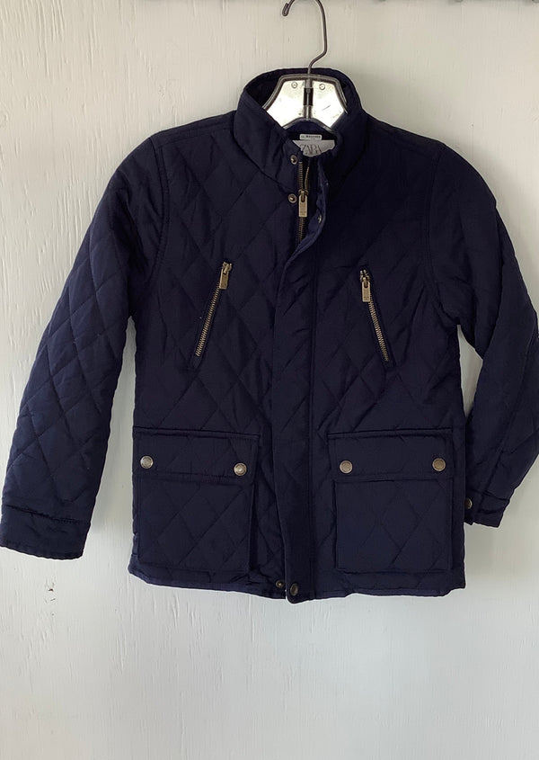 ZARA Boy's navy diamond quilt jacket w/ stand collar & brass hardwear, 9