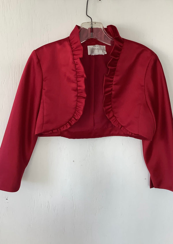 DAVIDS BRIDAL Women's red satin 3/4 sleeve Bolero jacket w/ ruffle neckline, S (36" bust)