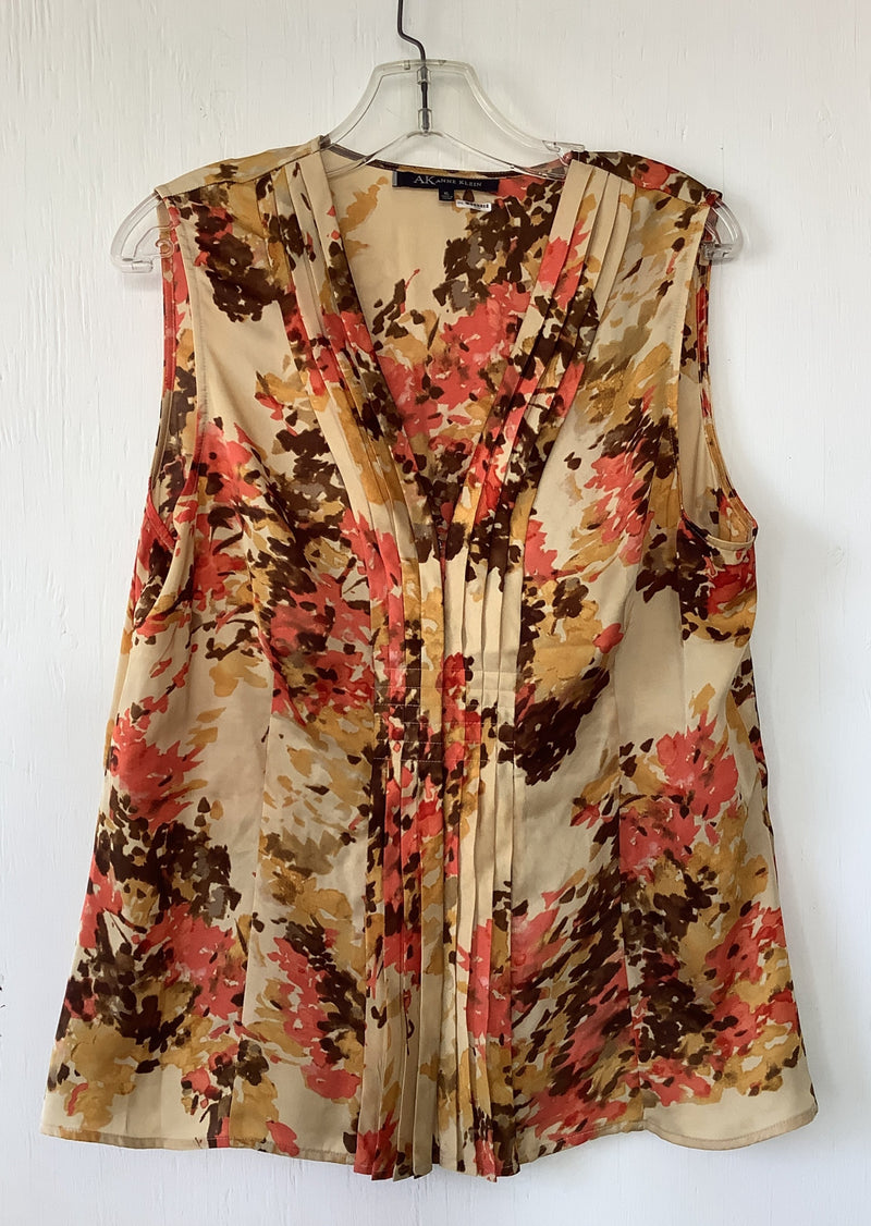 ANNE KLEIN Women's beige/orange/mustard/brown floral print pleated v-neck sleeveless blouse, XL