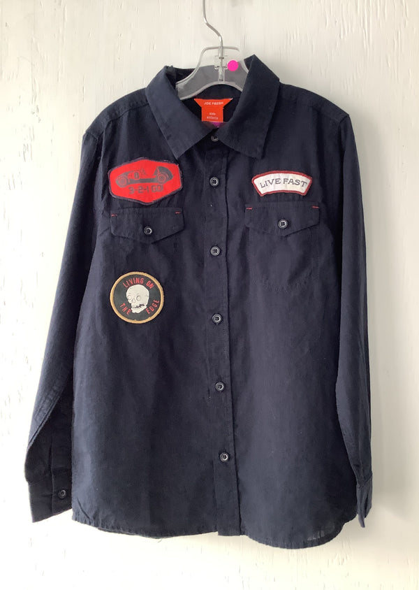 JOE FRESH Boy's navy long sleeve shirt w/ "Live Fast" patches, M / 8-10