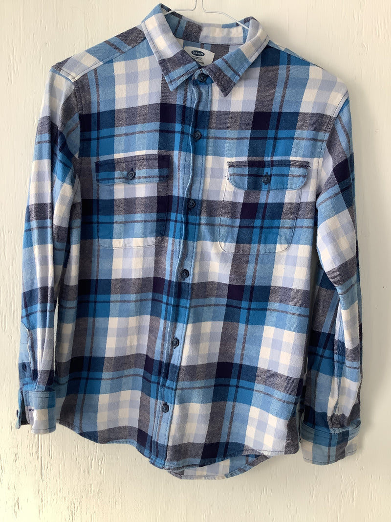 OLD NAVY Boy's blue lived in flannel check shirt, L / 10-12