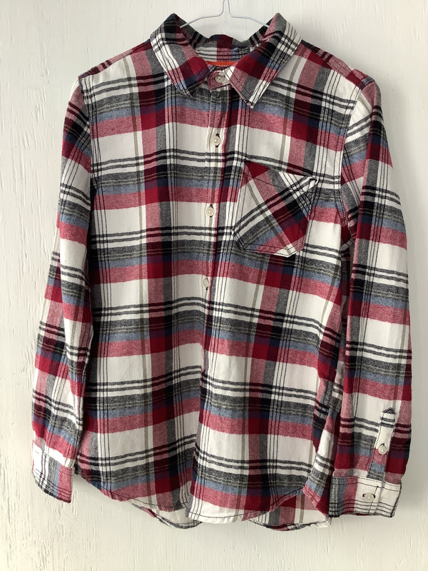 JOE FRESH Boy's cream/red/black flannel plaid shirt, XL / 14