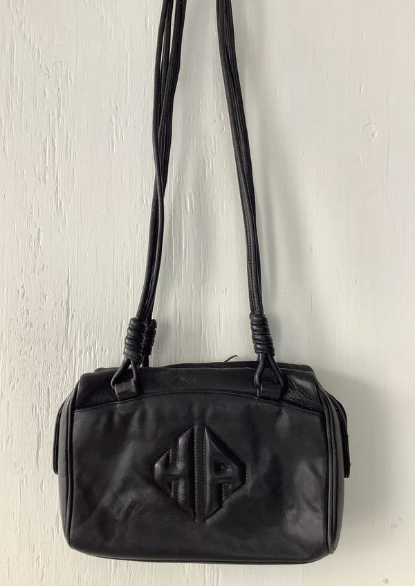 HARDY AMIES black leather purse stitched logo shoulder straps tassel zip