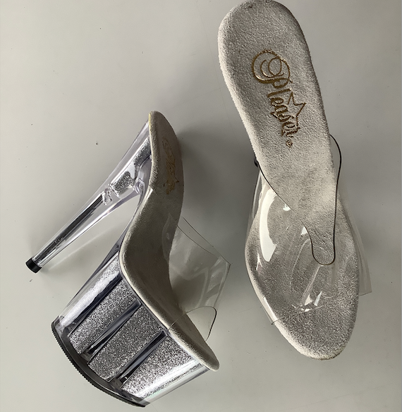 PLEASER Women's clear/silver sparkle platform "Adore" mules 7" stiletto, 6