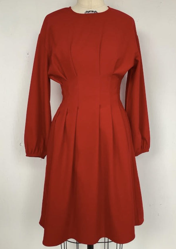 DRESS Women's red poly knit crepe crewneck pleated waist balloon sleeve dress, 6