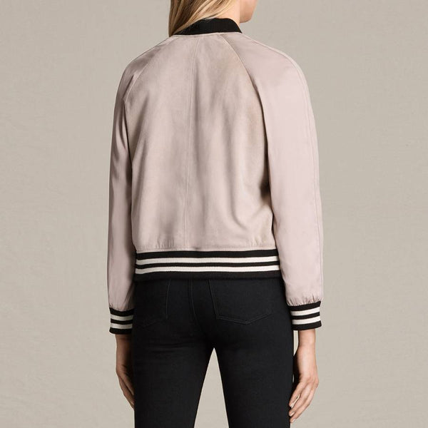 ALL SAINTS Women’s taupe suede & satin panels bomber jacket, S