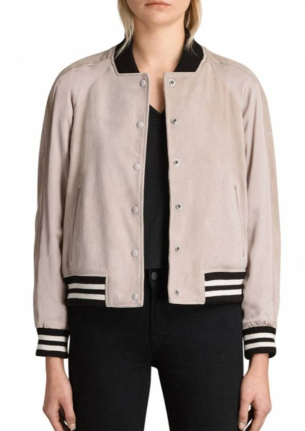 ALL SAINTS Women’s taupe suede & satin panels bomber jacket, S