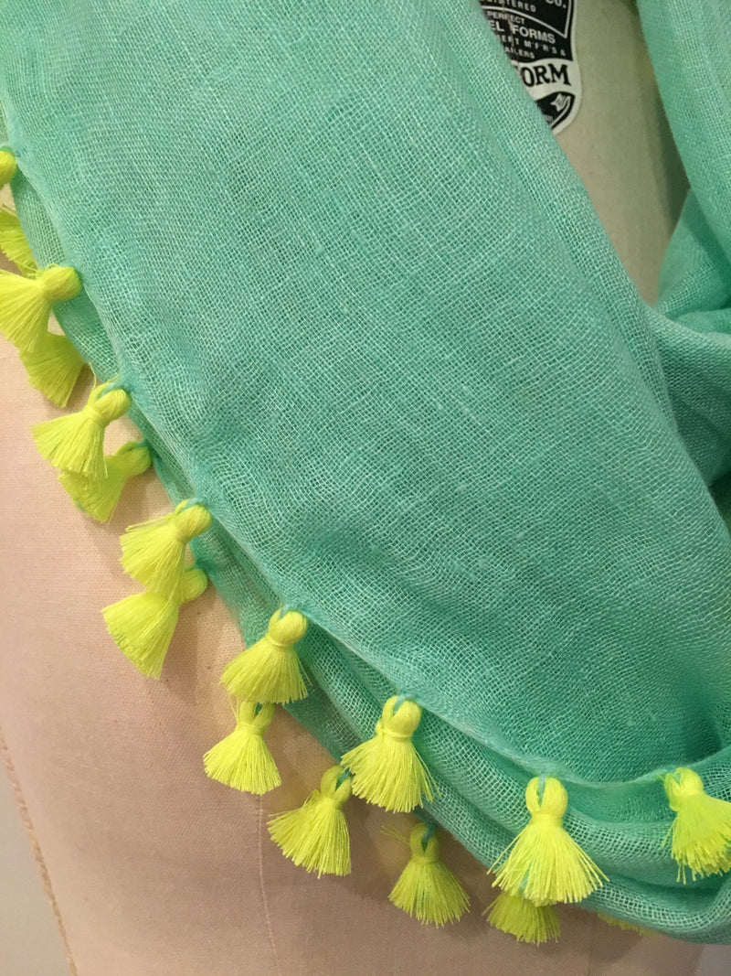 AHUJASONS gauzy mint green oblong scarf yellow tassels, NS