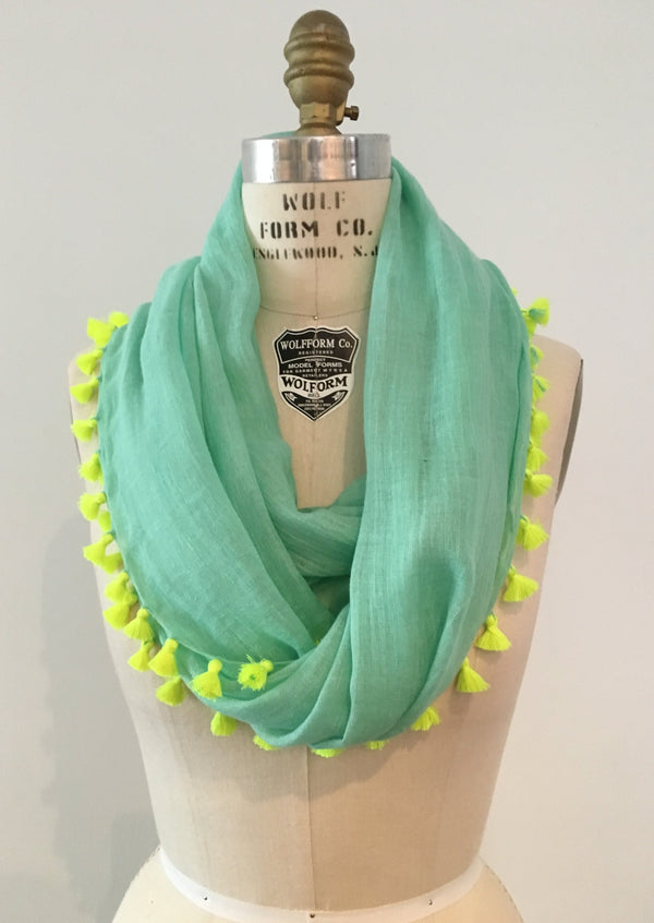 AHUJASONS gauzy mint green oblong scarf yellow tassels, NS