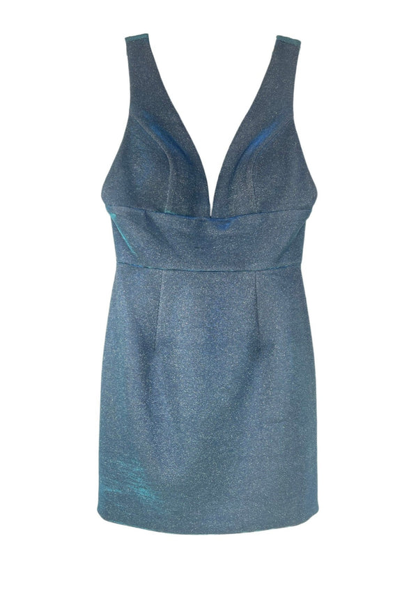 SHERRI HILL aqua/grey iridescent sparkle knit cocktail dress w/ plunging neckline, 8