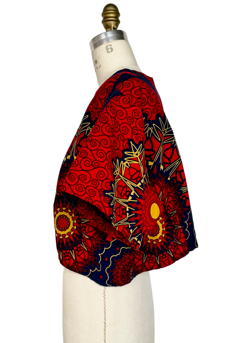 GRASS-FIELDS Women's red/navy/yellow African print cotton short sleeve crop top, XXL / 20
