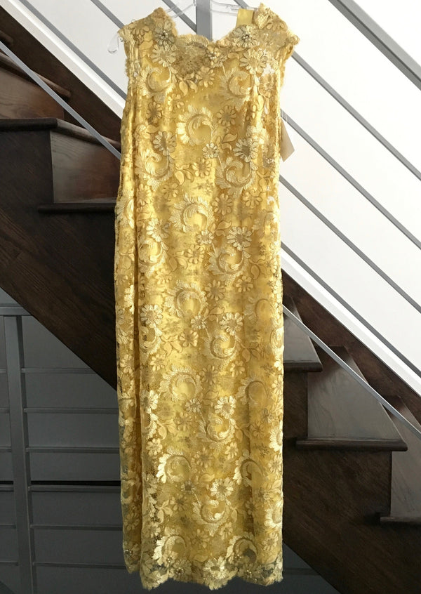 VINTAGE LOISELLE custom yellow beaded lace French 1960s evening gown, M
