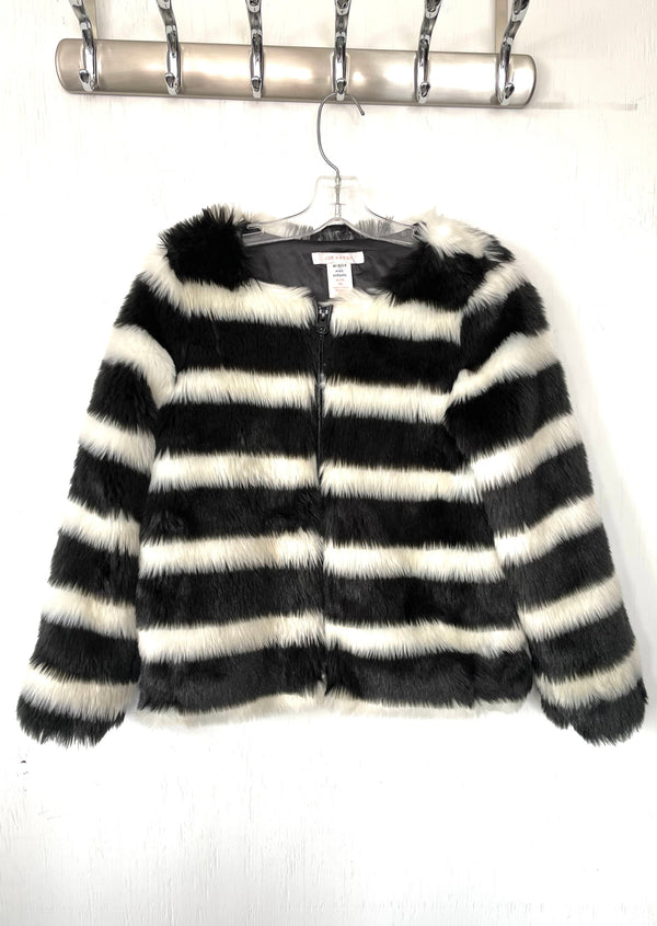 JOE FRESH girls black & white striped faux fur jacket, M/8