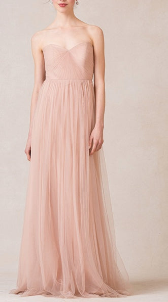 JENNY YOO soft pink tulle shirred strapless gown w/ sweetheart neckline & detachable sash, 12