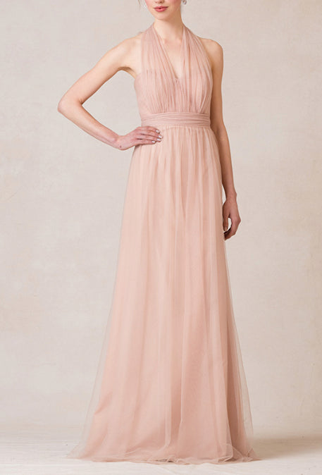 JENNY YOO soft pink tulle shirred strapless gown w/ sweetheart neckline & detachable sash, 12