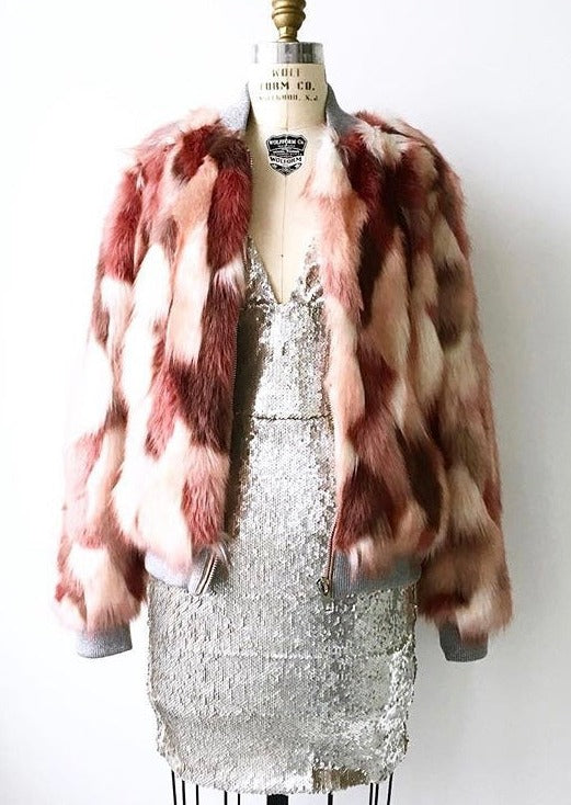 CHASER Women's calico burgundy/white/pink faux fur bomber, S/M