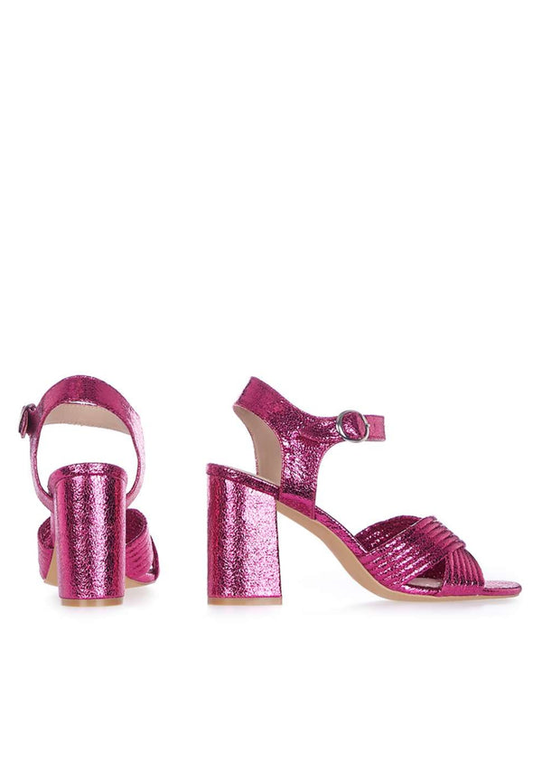 TOPSHOP fuchsia crackled metallic criss cross sandal with chunky wrapped heel, 9.5