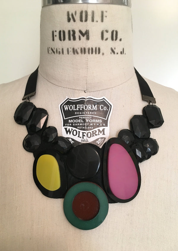 NECKLACE green/yellow/pink & blk plastic bib necklace