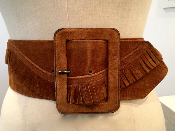 VINTAGE YVES SAINT LAURENT 80's Women’s cognac suede fringed belt, NS