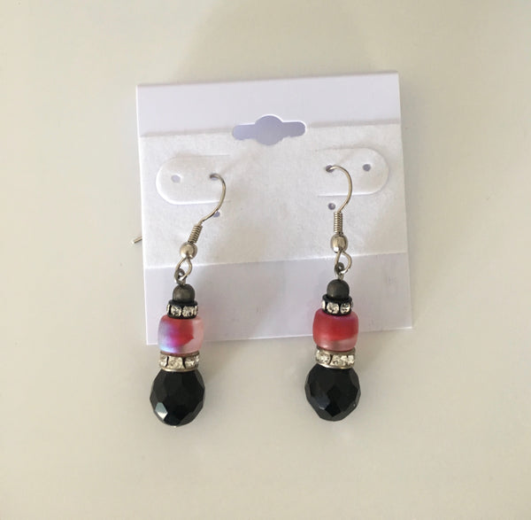 EARRINGS silver fish hook pink/clear/black crystal drop earrings