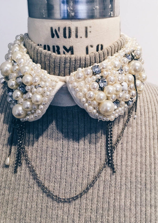 ZARA white cotton collar encrusted with pearls & rhinestones w/ chain