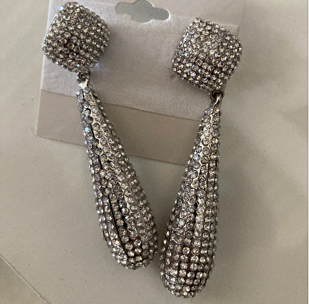 EARRINGS silver pave rhinestone button & drop earring