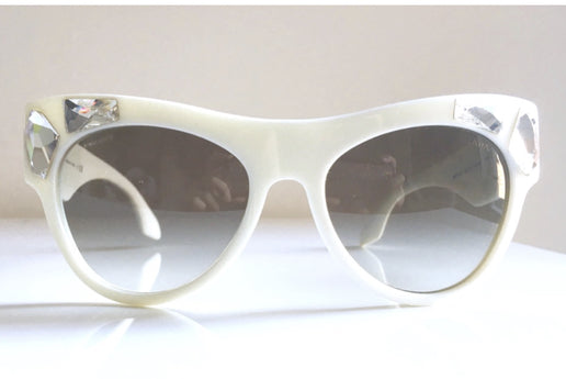 PRADA white acetate oval cat eye sunglasses w/ crystals