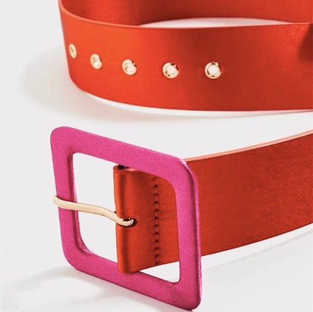 MANGO Women's magenta/clementine satin belt w/ square buckle, M