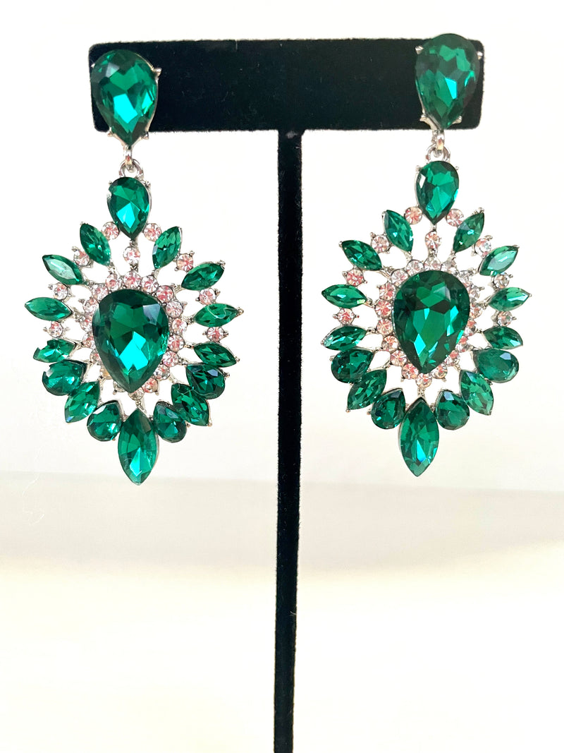 EARRINGS large emerald and clear crystal drop statement earrings