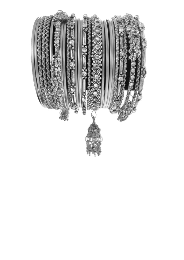 BRACELET silver stacking bangles: plain, rhinestones, charms (set of 26)