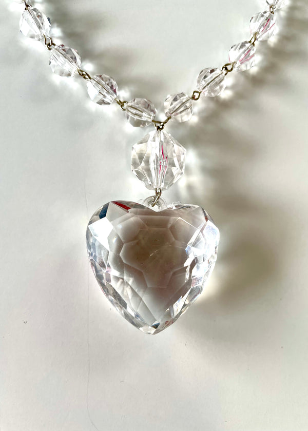 LE CHÄTEAU VINTAGE clear faceted beaded necklace, large heart charm w/ organza ribbon closure