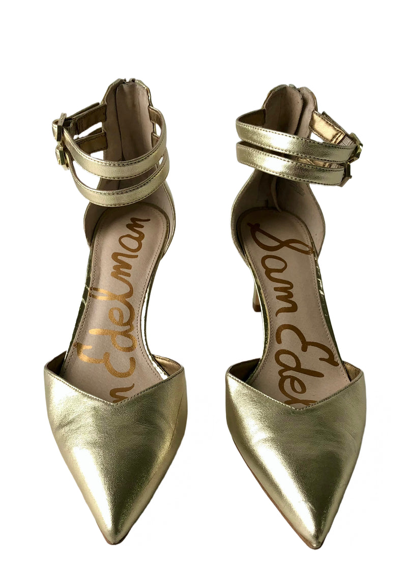 SAM EDELMAN gold metallic point toe d'orsay heels w/ double ankle strap, 6