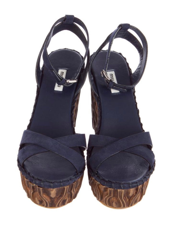 MIU MIU navy suede w/ carved wedge sandals