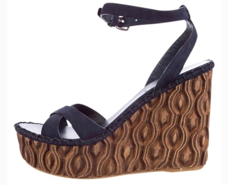 MIU MIU navy suede w/ carved wedge sandals