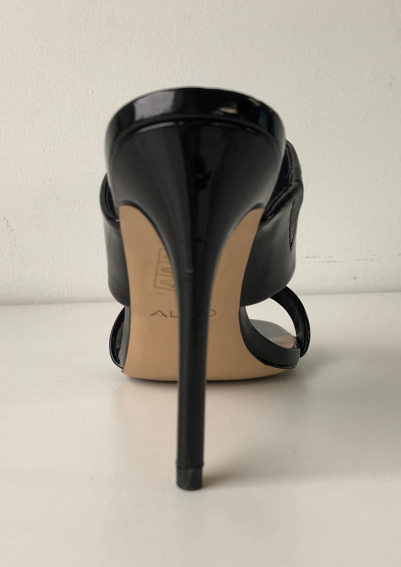 ALDO Women's black patent 2-strap  stiletto mule sandals, 6.5