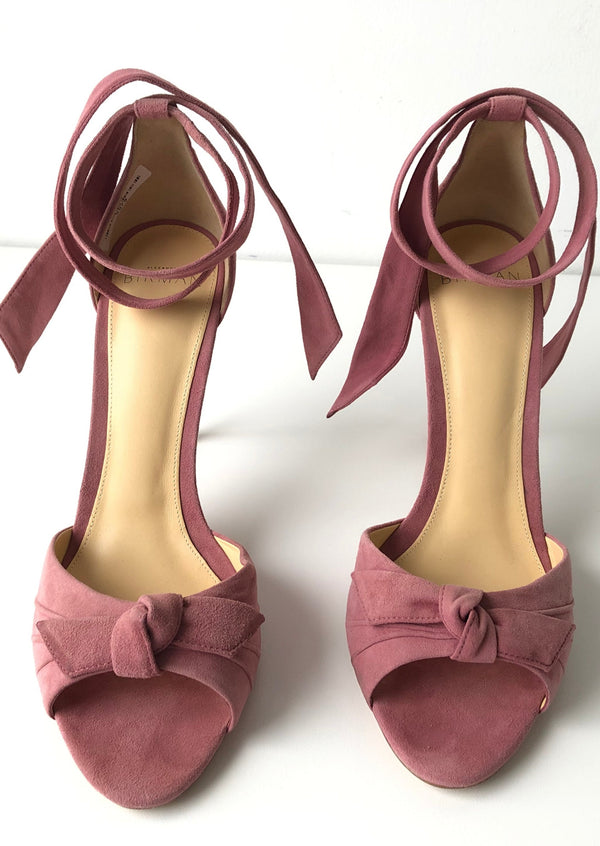 ALEXANDRE BIRMAN rose suede tie up sandals w/ bow detail, 38.5 (7.5/8)