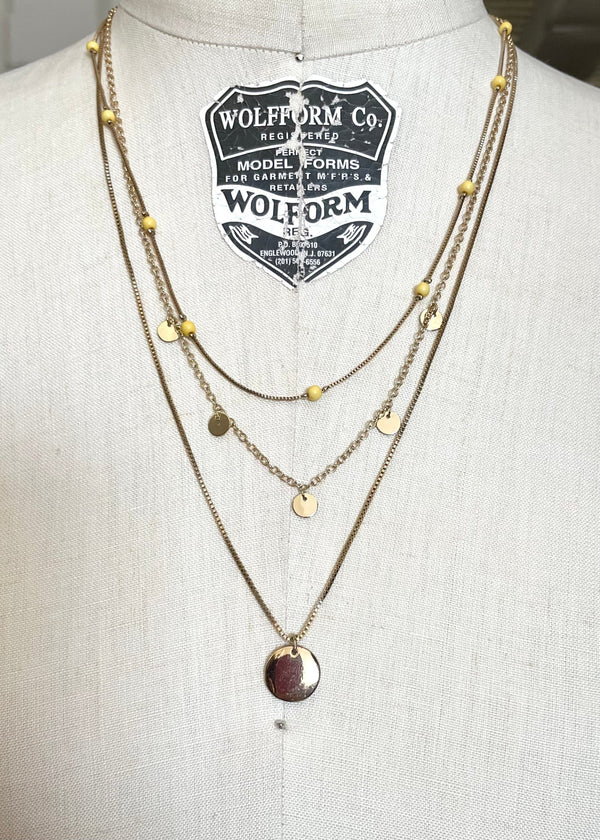 GOLD NECKLACE 3-strand w/ yellow beads & circle pendent, 12.5" long